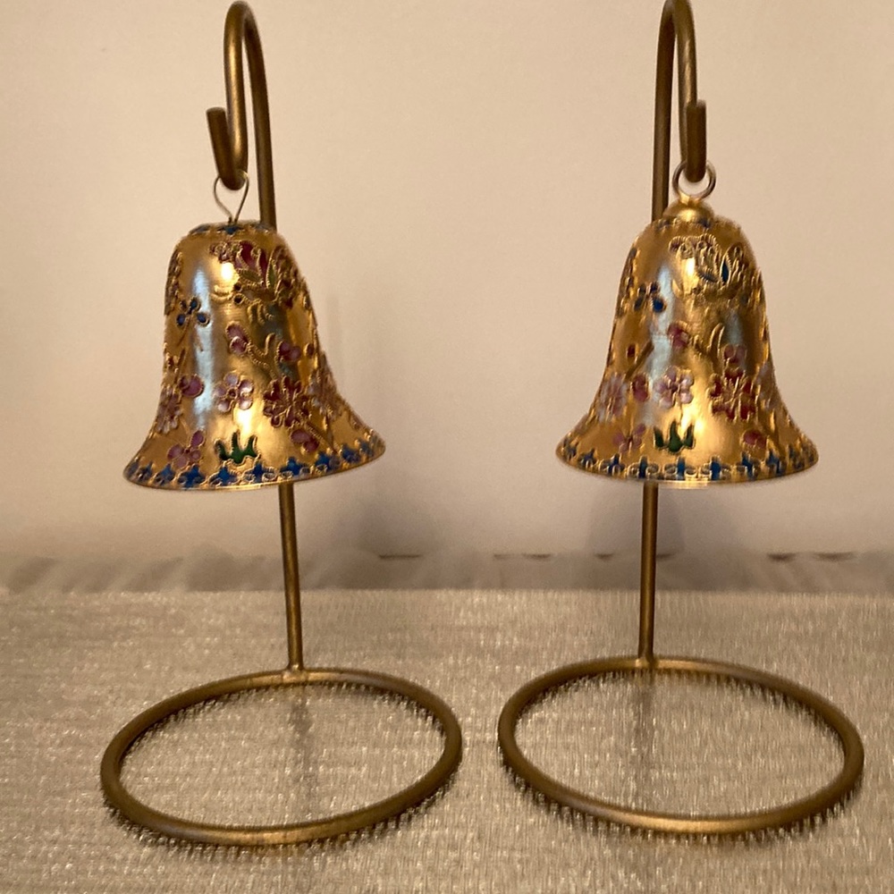 Vintage Cloisonné Enamelled Floral Design Bells set of 2